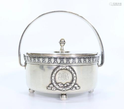 Russian Faberge Silver Container w Handle & Cover