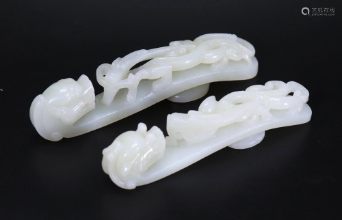 2 Chinese White Jade Double Dragon Buckles