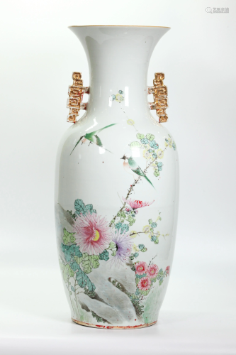 Large Chinese Porcelain Vase; Bird Flower Enameled