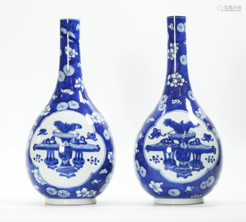 Pair Chinese Blue & White Porcelain Bottle Vases