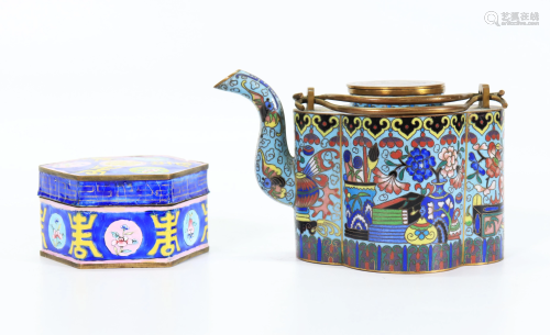 Chinese Gilt Bronze Cloisonne Teapot; Hexagon Box