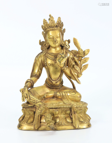 Tibetan Gilt Bronze Seated Green Tara Lotus Throne