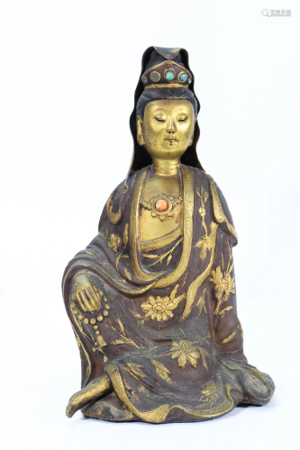 Chinese Gilt and Incised Bronze Seated Guanyin