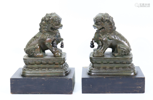 Pair Chinese Bronze Buddhist Fu Lions on Stands