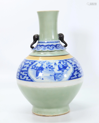 Chinese 19 C Blue & White & Celadon Bottle Vase