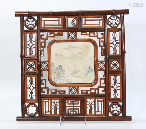 Chinese 19 C Bamboo Framed Porcelain Plaque