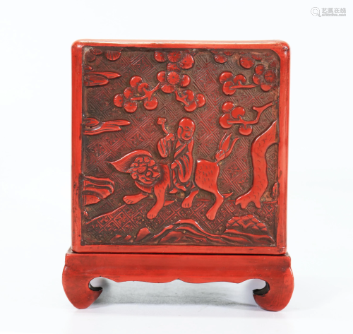 Cinnabar Red Lacquer Cube Box on Stand