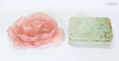 Chinese Jadeite Box; Rose Quartz Brush Washer