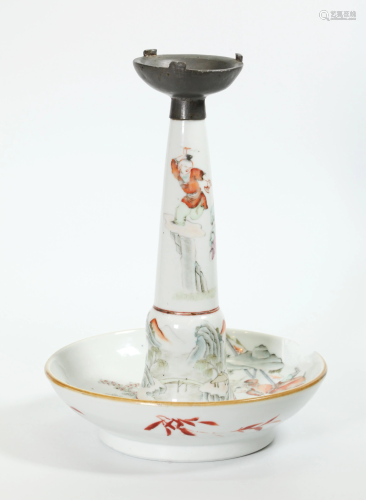 Chinese 19 C Enameled Porcelain & Pewter Lamp
