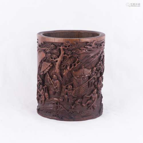 A CHINESE CARVED WOODED BRUSH POT