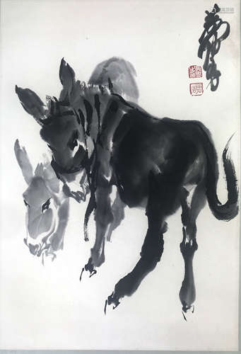 A CHINESE TWO DONKEY PAINTING, HUANG ZHOU MARK