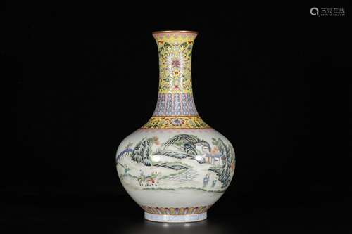 A FAMILLE ROSE LANDSCAPE AND FIGURE VASE