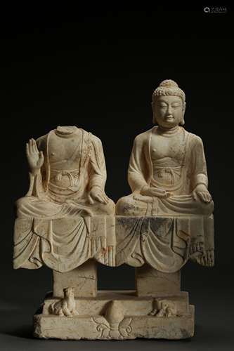 A WHITE MARBLE ROCK CAVE STATUE OF TWO BUDDHA