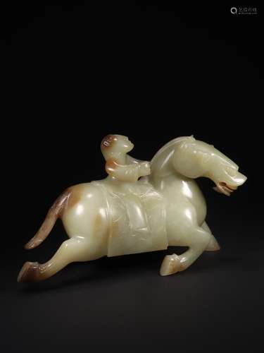 A JADE MAN ON HORSE ORNAMENT