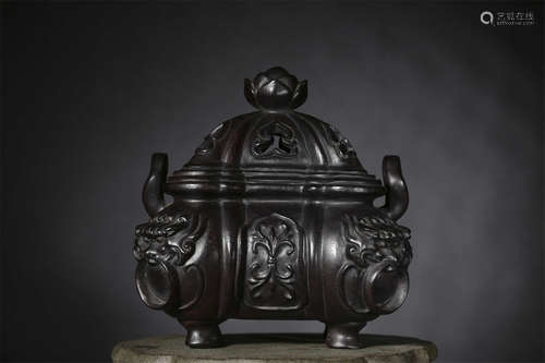 A CHINESE CARVED ZITAN FOUR-FOOTED DOUBLE-EARED  INCENSE BUR...