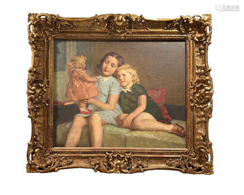 Signed Barbier Oil Painting 'Girls and Their Doll'