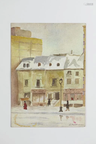 WATERCOLOR PAINTING OF A CITY STREET SCENE