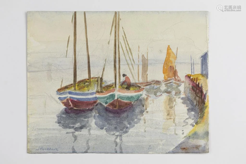 WATERCOLOR PAINTING OF BOATS BY J. BOCKHOUT