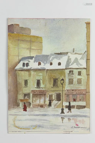 WATERCOLOR PAINTING OF A CITY STREET SCENE