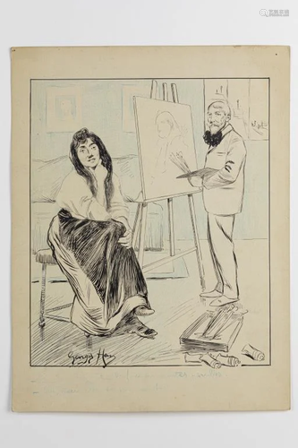 DRAWING OF AN ARTIST AND MODEL, SIGNED GEORGE HERY