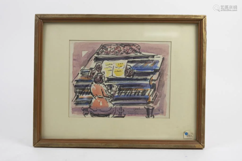FRAMED WATERCOLOR PAINTING OF A PIANIST