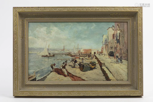 FRAMED PAINTING OF A COASTAL TOWN