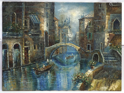 OIL ON CANVAS PAINTING OF A CANAL CITY