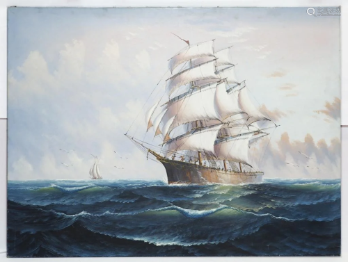OIL ON CANVAS PAINTING OF A SHIP AT SEA