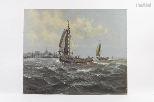 OIL ON CANVAS PAINTING OF BOATS BY H. HIENSCH