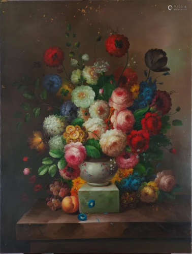OIL ON CANVAS OF A POTTED BOUNTIFUL BLOOMS