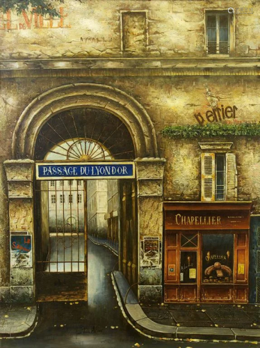 LARGE OIL PAINTING ON CANVAS OF FRENCH STOREFRONTS