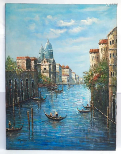 OIL ON CANVAS PAINTING OF CANAL CITY WITH GONDOLAS