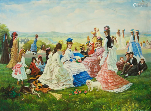 LARGE OIL ON CANVAS PAINTING OF A PARK GATHERING