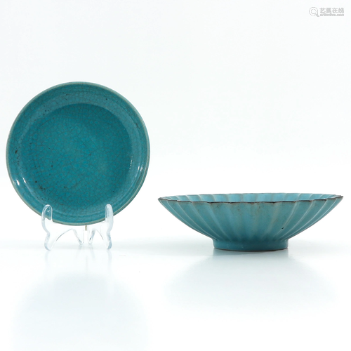 A Blue Glaze Dish and Bowl