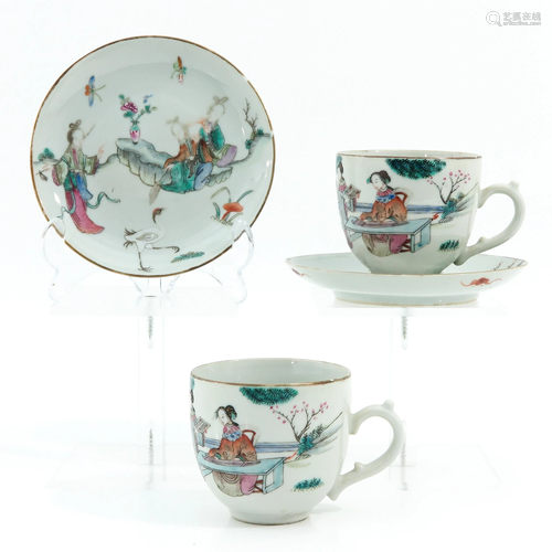 A Pair of Famille Rose Cups and Saucers