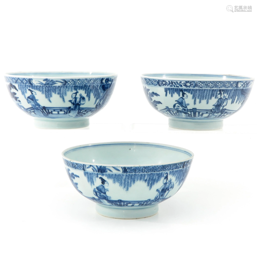 A Series of 3 Blue and White Bowls