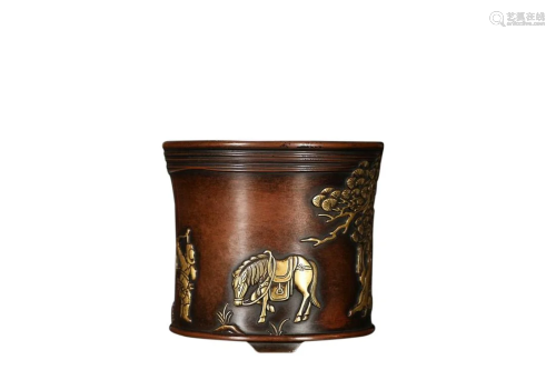 PARCEL-GILT COPPER ALLOY 'FIGURE STORY' BRUSH POT