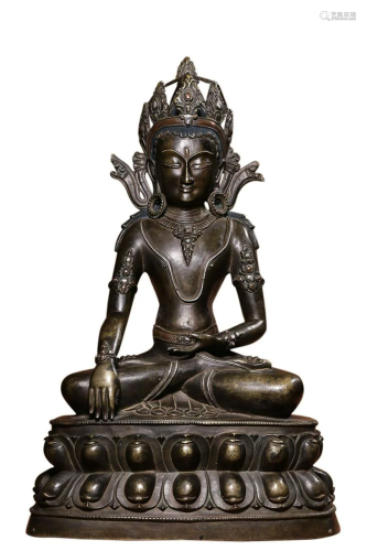 SILVER INLAID COPPER ALLOY FIGURE OF GUANYIN