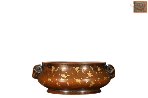 GOLD SPLASHED COPPER ALLOY INCENSE CENSER WITH GOAT