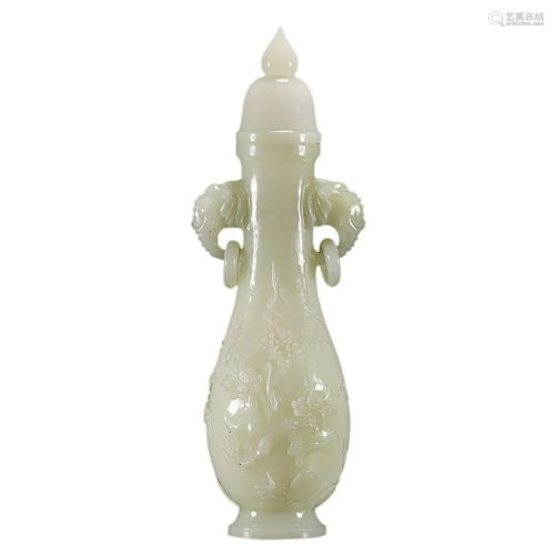 HETIAN JADE 'FLORAL' VASE WITH ELEPHANT HANDLES AND