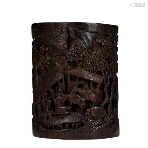 CARVED BAMBOO 'FIGURE STORY' BRUSH POT