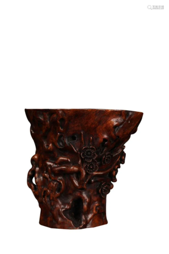 CARVED YELLOW ROSEWOOD 'BLOSSOM' BRUSH POT