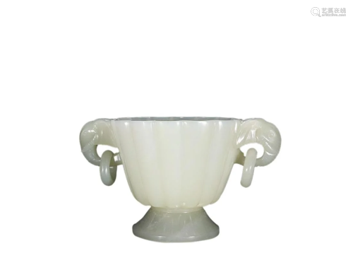 HETIAN JADE FLOWER SHAPED CUP WITH ELEPHANT HANDLES