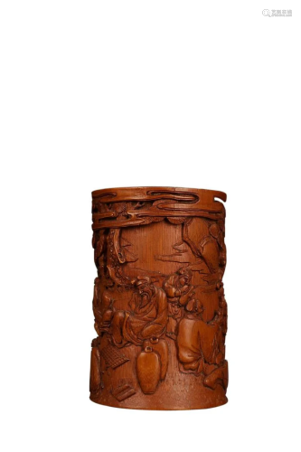 CARVED BAMBOO 'FIGURE STORY' BRUSH POT
