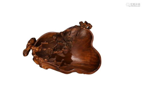 CARVED YELLOW ROSEWOOD 'BLOSSOM' BRUSH WASHING BOWL