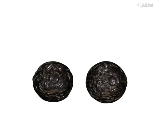 PAIR OF CARVED SANDALWOOD 'BAT' HAND PIECES
