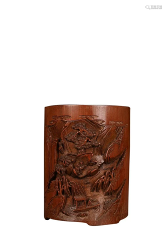 CARVED BAMBOO 'FIGURE AND LANDSCAPE' BRUSH POT