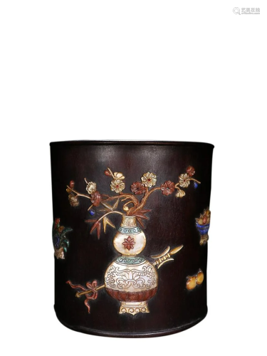 GEMSTONE INLAID SANDALWOOD 'FLORAL' BRUSH POT