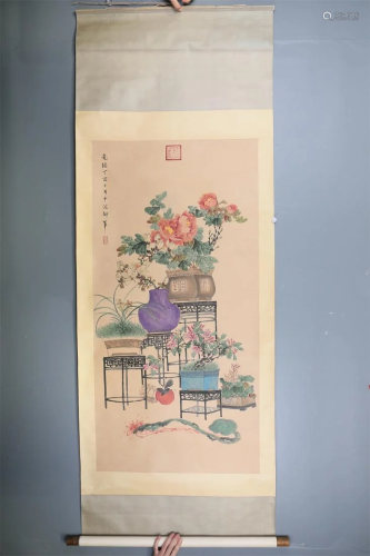 A Chinese Scroll Painting of Flowers and Plants