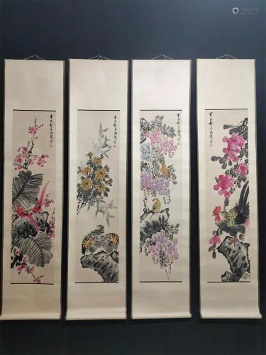 A Set of Four Chinese Paintings of Flowers and Birds